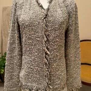 Luii Black And White Boucle with Fringed Collar and Cuffs Jacket Size M